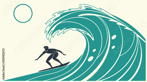 Retro surfing vector illustration, male surfer riding a giant turquoise ocean wave, vintage summer beach sports poster with sun and sea