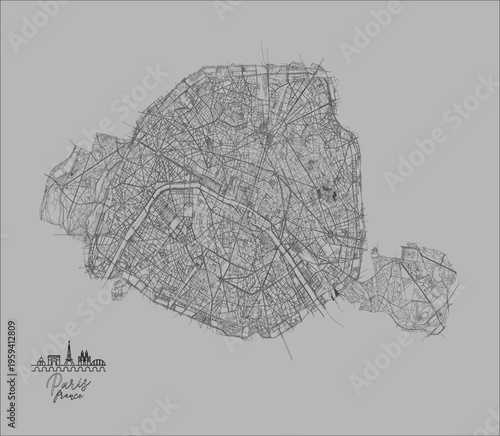 Paris city map illustration detailed street network and landmark