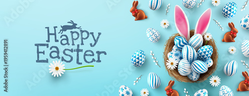Easter poster and banner template with Easter eggs in the nest on light blue background.Greetings and presents for Easter Day in flat lay styling.Promotion and shopping template for Easter