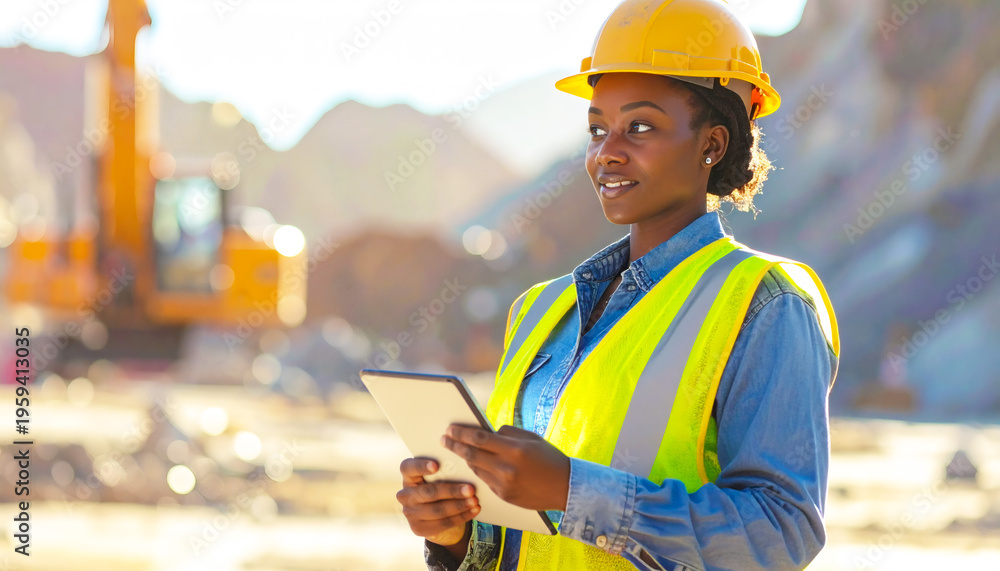 Obraz premium Construction worker using tablet while standing at building site