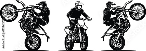 Black and white vector illustration set of a motocross rider performing wheelies and riding a dirt bike for sports design