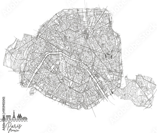 Paris France map illustration detailed street network minimal
