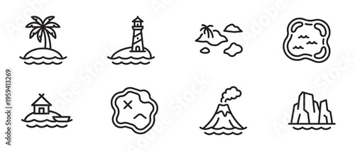 Tropical Island Landscapes and Sea Travel Icons Set. Vector Illustration.