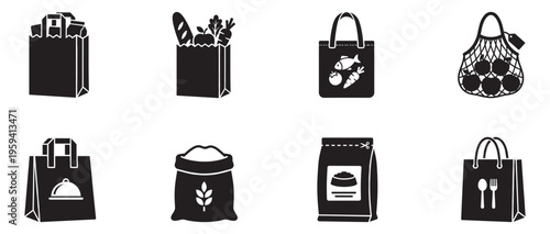 Grocery shopping bags and eco friendly packaging icons set black silhouette. Vector Illustration.