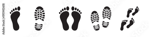 Human footprint and shoe sole print icon set, black flat vector illustration isolated on white background. Vector Illustration.