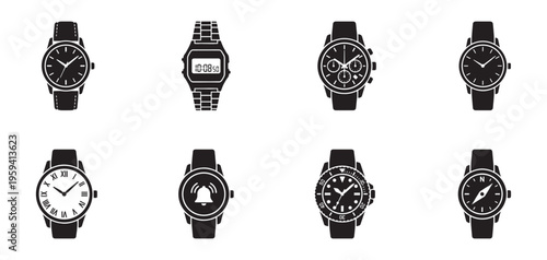 Wristwatch icon set, analog and digital watches collection, chronograph and diver watch flat vector illustration. 