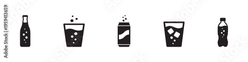 Soft drink and beverage icon set, soda can, bottle and glass with ice, flat vector illustration.