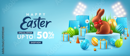 Easter Sale poster or banner template with Easter Bunny over on product podium scene. Greetings and presents for Easter Day.Promotion and shopping template for Easter