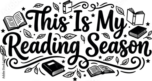This is my reading season handwritten phrase with book illustrations and leaves