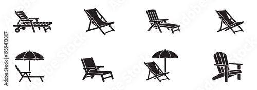 Beach chairs and sun umbrellas lounge icons set flat vector illustration.