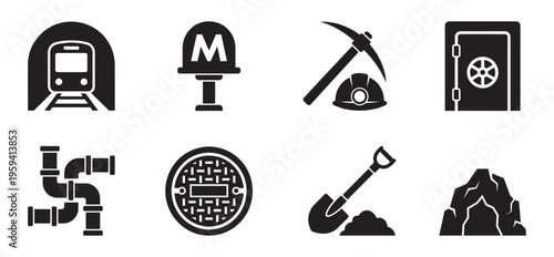 Underground metro and mining industry icons set flat vector illustration.