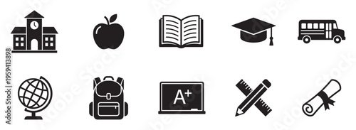 Education and back to school supplies icons set flat vector illustration.
