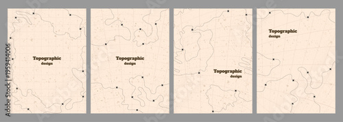 Vector illustration. Set of vintage topographic backgrounds. Minimalist dotted lines, markers, and grid patterns on a textured beige background. Design for travel and map-themed posters, cover, flyer