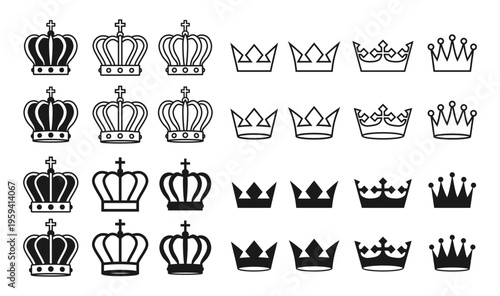 Crown collection. King and queen icon. Heraldry and royal sign. Heraldic coat of arms symbol. Luxury logo. Vector illustration image.