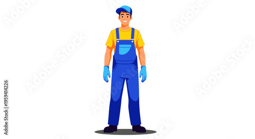 Vibrant illustration of a friendly male service worker smiling, dressed in blue overalls, t-shirt, and cap, ready to assist with maintenance or professional tasks