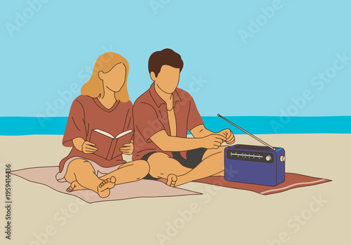 A couple relaxes on a beach, listening to a solar-powered radio while reading. A peaceful, summery scene with a retro vibe. Perfect for lifestyle and travel imagery.