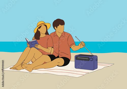A couple relaxes on a beach, enjoying a solar-powered radio and a book. A charming, nostalgic scene with a bright, sunny backdrop.