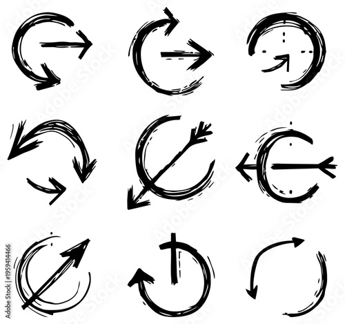 Brush hand drawn stroke arrow icons in various circular styles