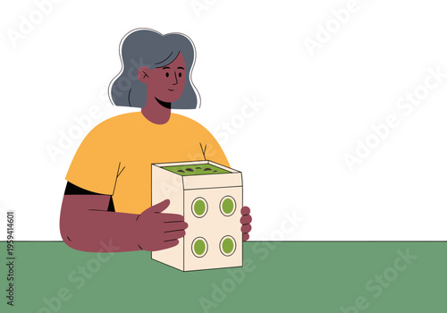 A woman holds a smart packaging box, showcasing nutrient release. Modern illustration style, clean design, vibrant colors. Suitable for health, wellness, and sustainable packaging concepts.