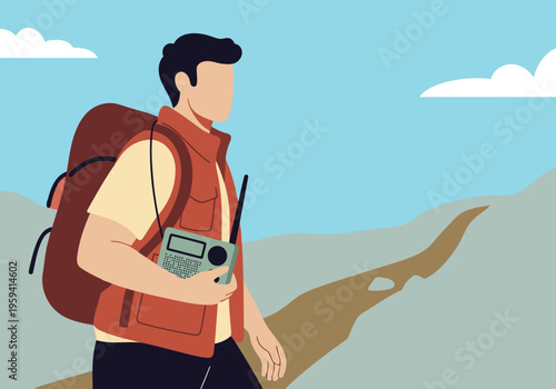 A hiker listens to a portable radio, enjoying a scenic outdoor adventure. Vibrant colors and a clear composition make this image ideal for travel and outdoor marketing.