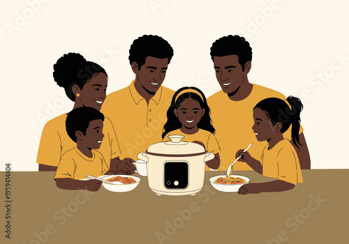 A happy Black family enjoys a timed meal prepared with an automated slow cooker. Warm colors and a joyful scene showcase family togetherness and convenience.