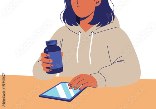 A young woman holds a supplement bottle while using a tablet, representing brain food and timed supplementation. Modern, clean illustration style.