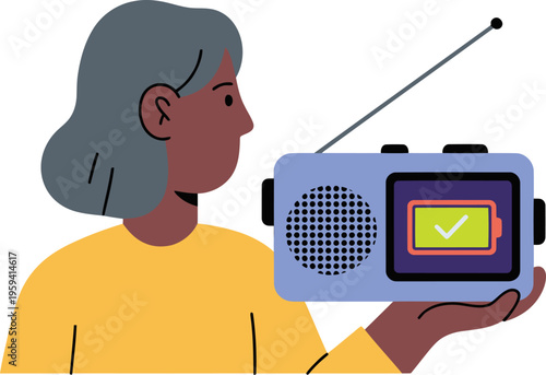 A woman listens to an off-grid radio battery, conveying preparedness and self-sufficiency. Clean lines and a modern illustration style.