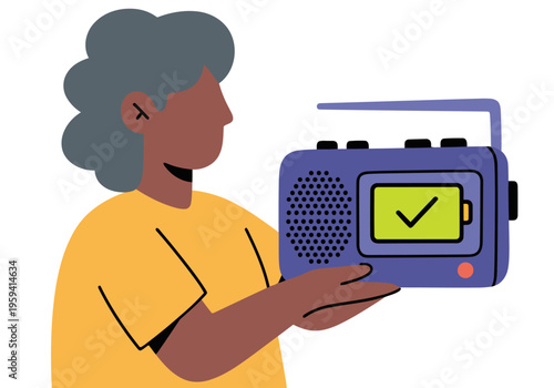 A woman listens to an off-grid radio, enjoying a simple, independent lifestyle. The battery indicator is full, showcasing a reliable, self-sufficient moment.  Clean, modern illustration.