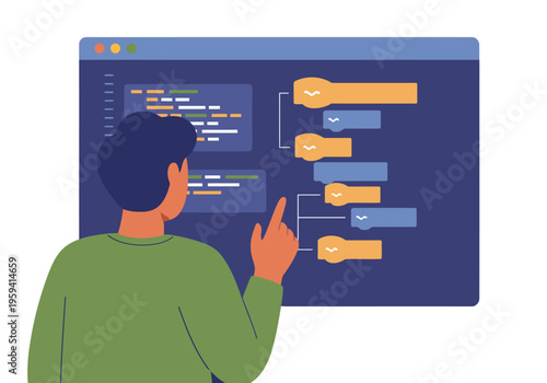 A young man examines code on a screen, illustrating timed release logic. Modern, digital concept. Professional setting, focused on software development.