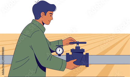 A young man adjusts a timed release irrigation valve on a farm, showcasing efficient water management. Clear composition, bright colors, and a focus on agricultural technology.