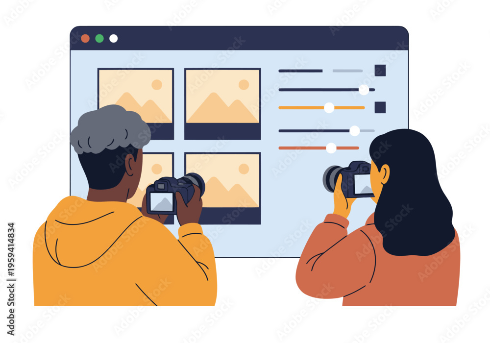 Fototapeta premium Photographers review image editing on a screen, assisted by a colleague. Modern, collaborative workspace with cameras and editing tools. Bright, professional setting.