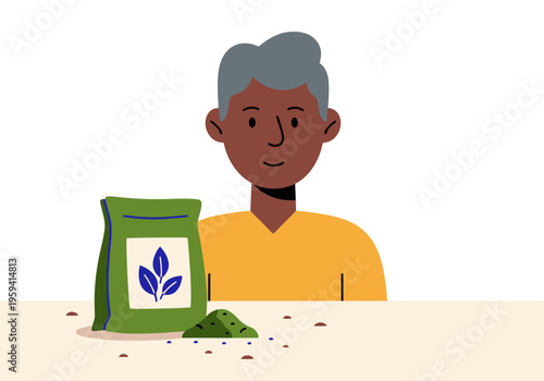 A mature Black man holds a bag of algae fertilizer, promoting sustainable farming. Clean, modern illustration with a focus on eco-friendly agriculture.