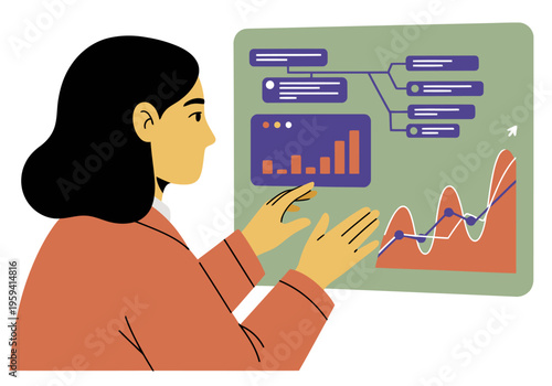 A professional woman analyzes CO2 absorption data on a tablet, showcasing insightful charts and graphs. Modern, data-driven visualization. Bright, clean aesthetic.