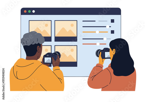 Photographers review image editing on a screen, assisted by a colleague. Modern, collaborative workspace with cameras and editing tools. Bright, professional setting.