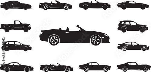 Black silhouettes of various cars on white background vehicle vehicles