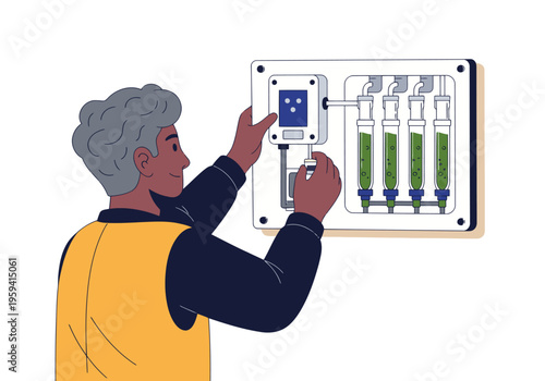 A technician installs a smart algae panel. Clear, modern illustration showcasing a professional setting and technological innovation. Bright, clean design.