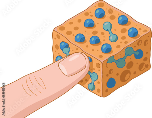 A stylized cube releases microbeads with timed food delivery.  Modern, vibrant illustration showcasing innovative food technology.  Clear, engaging design.