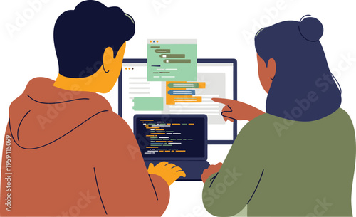 Two developers collaborate on coding software, examining a screen filled with code. A modern, professional scene showcasing teamwork and technology.