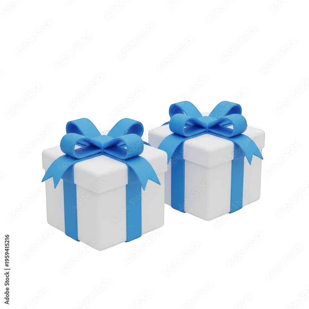 Fototapeta premium Two white gifts with blue ribbons and bows on top isolated on transparent background