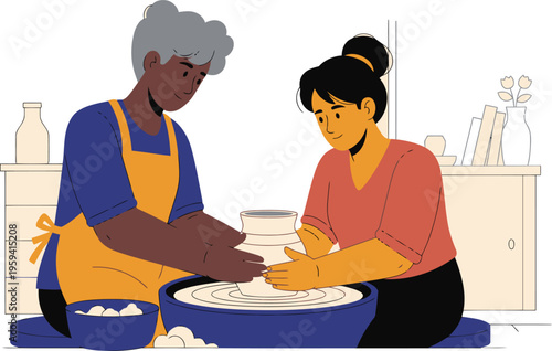 Two women learn pottery on a spinning wheel. A grandmother teaches a young apprentice, fostering a connection through a shared craft. Warm, inviting scene.