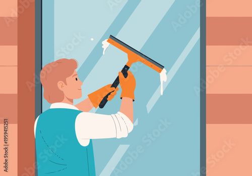 A window cleaner cleans a window with a squeegee, showcasing a clean, bright view. Professional service, clear composition, and a focus on cleanliness.