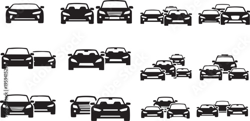 Black silhouettes of various cars on white background vehicle