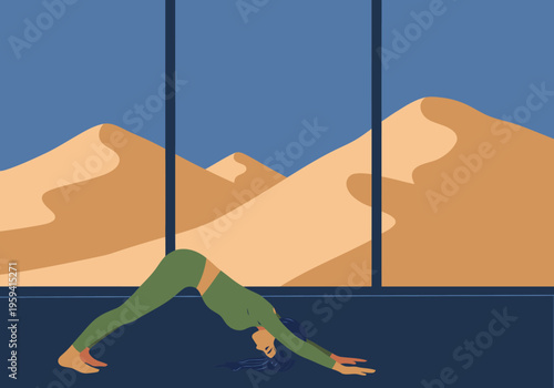 A female yogi performs a downward-facing dog, framed by a desert landscape view.  A serene wellness scene with mountains and a bright window.  Modern, calming, and visually appealing.