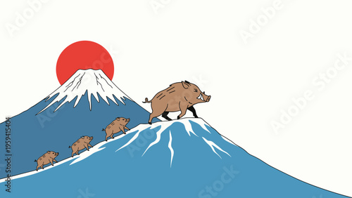 Majestic mountain landscape featuring a large wild boar and its piglets walking up a snow-covered peak under a red sun.