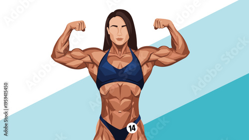Strong female bodybuilder flexing her massive arm muscles and abdominal muscles while posing in a dark blue bikini.