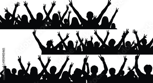Crowd silhouette illustration with cheering people, raised arms, peace signs and open palms, concert rally celebration unity design art, flat vector