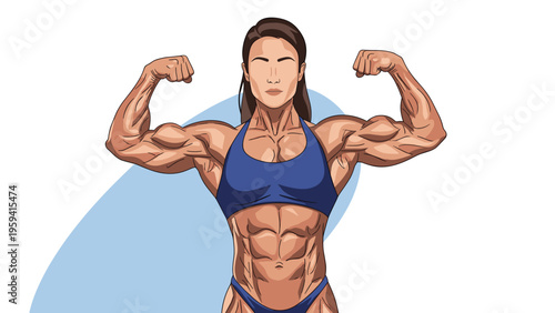 Muscular female bodybuilder posing and showing off her well-defined biceps and abs against a simple blue and white background.