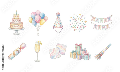 Watercolor Birthday Party Clipart Set — 10 Celebration & Festive Elements PNG SVG Vector Illustration