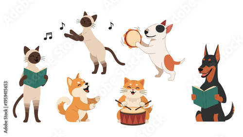 Adorable group of dogs and cats singing in a choir and playing instruments like drums and tambourines as a musical band.