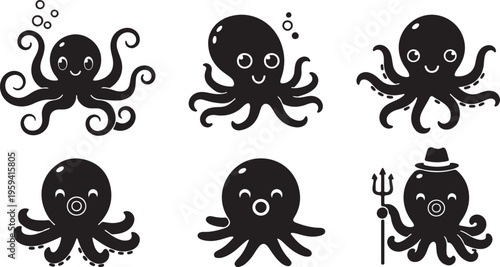 Octopus tentacles outline icons. Monochrome limbs of the sea monster kraken. Set of sea octopus twisted tentacles with suckers vector illustration.